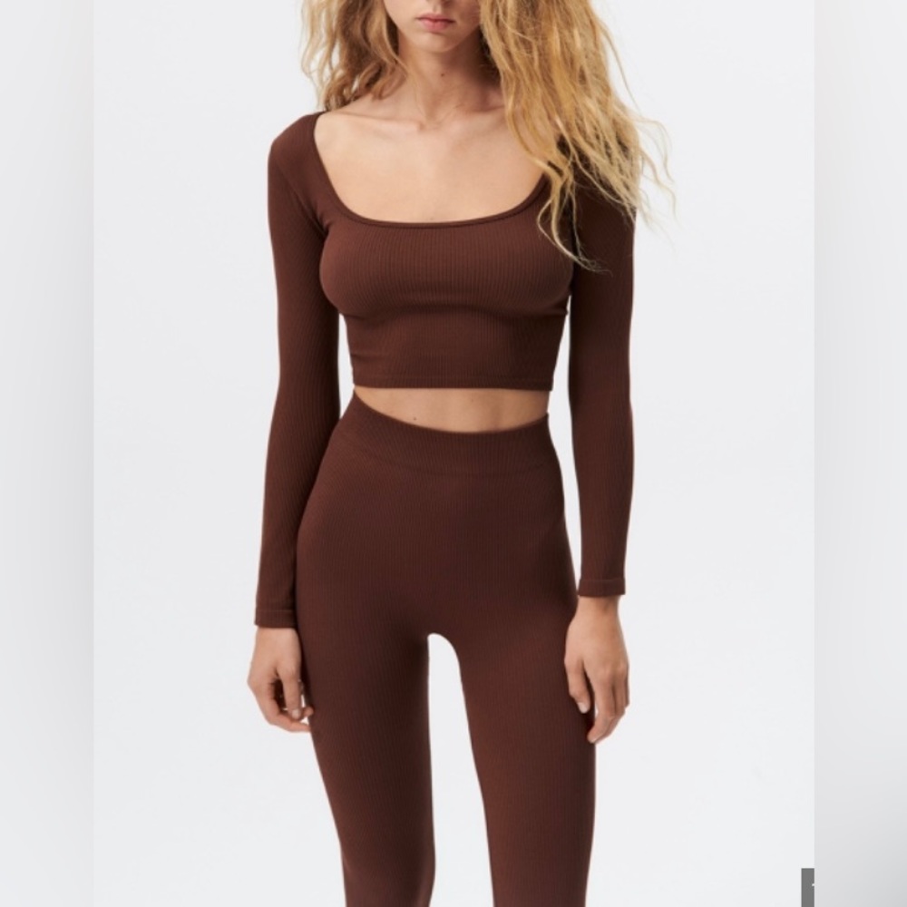 Zara Ribbed Seamless Set Chocolate Brown